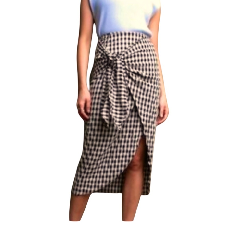 Miou Muse Gingham Beige & Black Wrap Skirt Tulip Hem Rayon Poly & Spandex Fabric